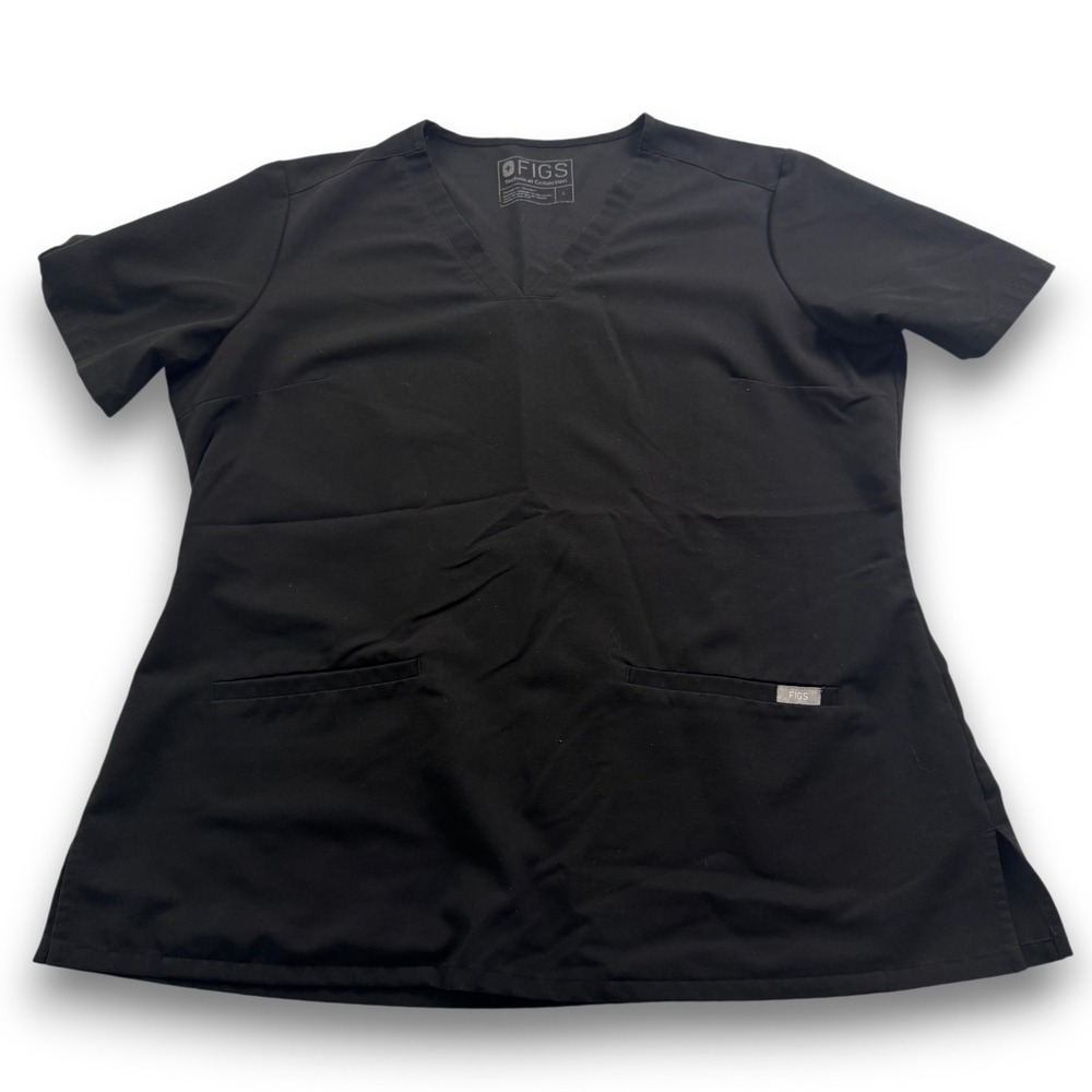 FIGS Technical Collection Black V-Neck Scrub Top Women Large FW1100 Short Sleeve